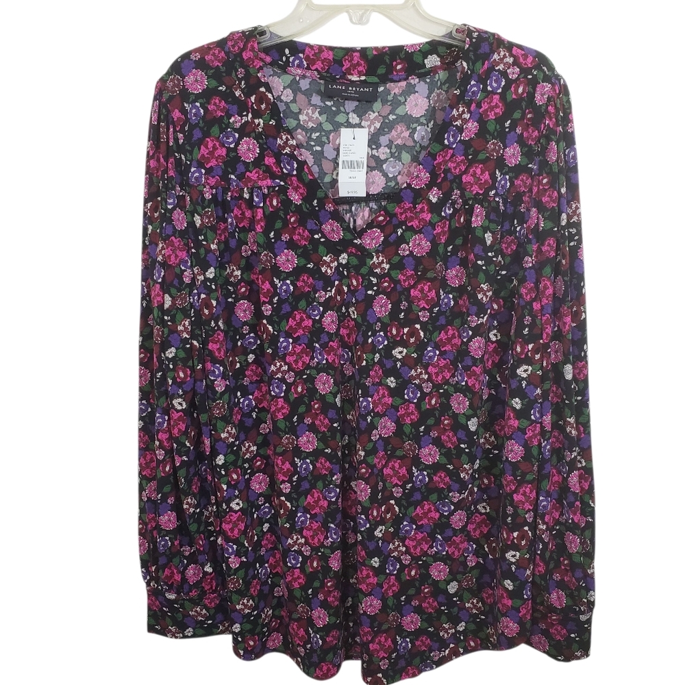NWT Lane Bryant Blouse Dark Floral Boho Balloon Sleeve V-neck Size 18 20
